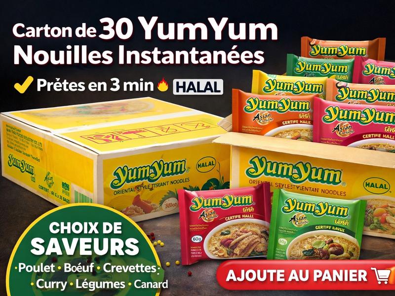 YumYum Pack de 30 Nouilles Instantanées Halal Prêtes en 3 min Choix de Saveurs Poulet Boeuf Crevettes Curry Légumes Canard